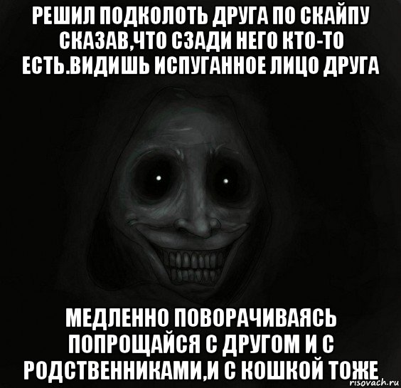 решил подколоть друга по скайпу сказав,что сзади него кто-то есть.видишь испуганное лицо друга медленно поворачиваясь попрощайся с другом и с родственниками,и с кошкой тоже, Мем Ночной гость