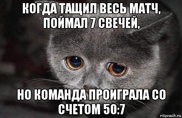 когда тащил весь матч, поймал 7 свечей, но команда проиграла со счетом 50:7, Мем  Грустный кот