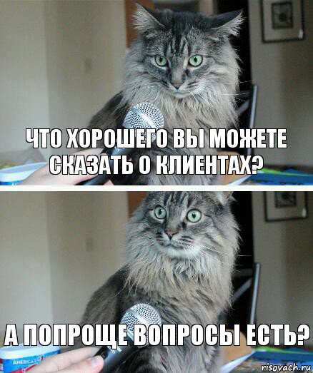 Что хорошего вы можете сказать о клиентах? А попроще вопросы есть?, Комикс  кот с микрофоном