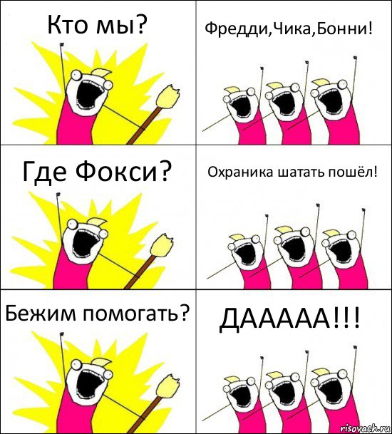 Кто мы? Фредди,Чика,Бонни! Где Фокси? Охраника шатать пошёл! Бежим помогать? ДААААА!!!