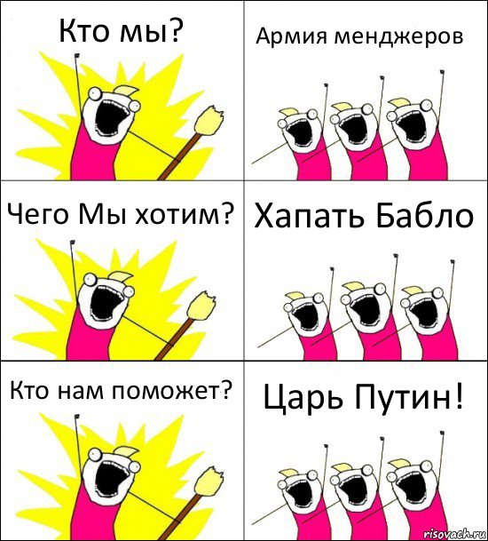 Кто мы? Армия менджеров Чего Мы хотим? Хапать Бабло Кто нам поможет? Царь Путин!