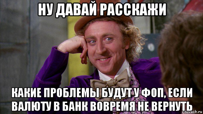 ну давай расскажи какие проблемы будут у фоп, если валюту в банк вовремя не вернуть, Мем Ну давай расскажи (Вилли Вонка)