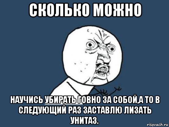 сколько можно научись убирать говно за собой,а то в следующий раз заставлю лизать унитаз., Мем Ну почему