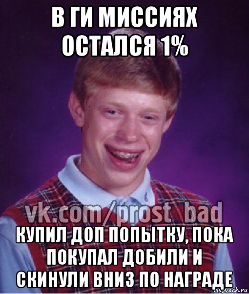 в ги миссиях остался 1% купил доп попытку, пока покупал добили и скинули вниз по награде, Мем Прост Неудачник