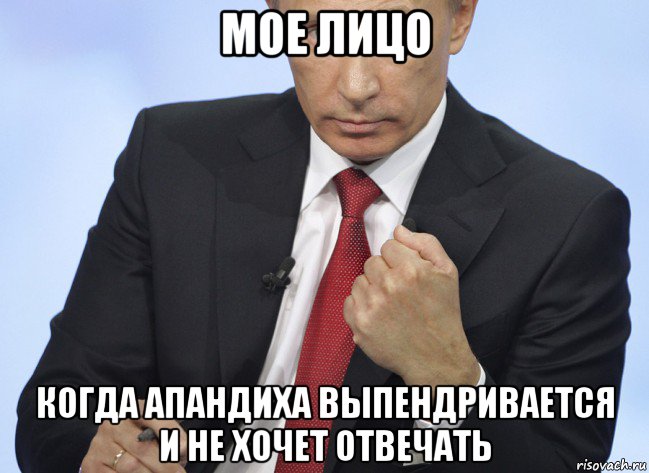 мое лицо когда апандиха выпендривается и не хочет отвечать, Мем Путин показывает кулак