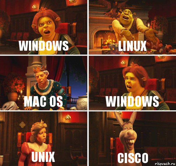 WINDOWS LINUX MAC OS WINDOWS UNIX CISCO, Комикс  Шрек Фиона Гарольд Осел