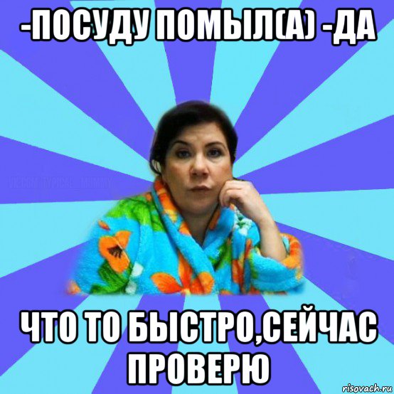 -посуду помыл(а) -да что то быстро,сейчас проверю, Мем типичная мама