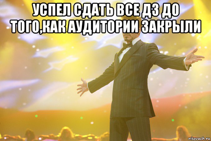 успел сдать все дз до того,как аудитории закрыли , Мем Тони Старк (Роберт Дауни младший)