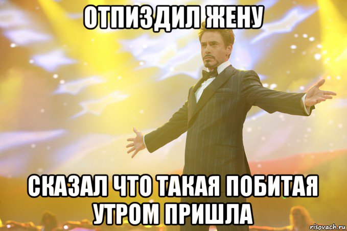 отпиздил жену сказал что такая побитая утром пришла, Мем Тони Старк (Роберт Дауни младший)