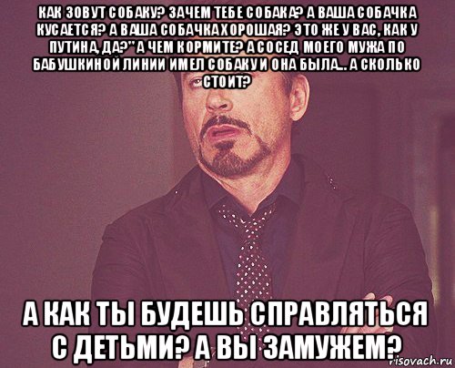 как зовут собаку? зачем тебе собака? а ваша собачка кусается? а ваша собачка хорошая? это же у вас, как у путина, да?" а чем кормите? а сосед моего мужа по бабушкиной линии имел собаку и она была... а сколько стоит? а как ты будешь справляться с детьми? а вы замужем?, Мем твое выражение лица