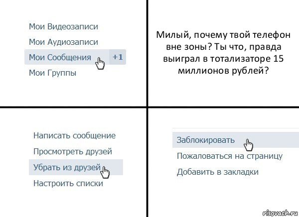 Милый, почему твой телефон вне зоны? Ты что, правда выиграл в тотализаторе 15 миллионов рублей?, Комикс  Удалить из друзей