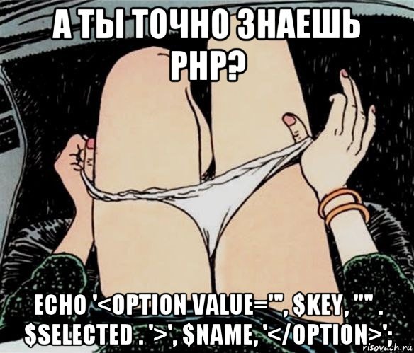 а ты точно знаешь php? echo '<option value="', $key, '"' . $selected . '>', $name, '</option>';, Мем А ты точно