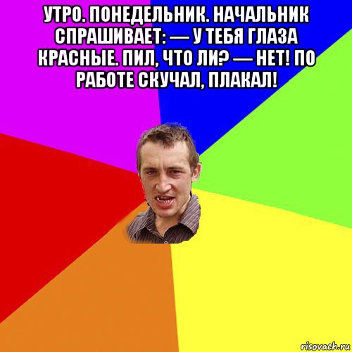 утро. понедельник. начальник спрашивает: — у тебя глаза красные. пил, что ли? — нет! по работе скучал, плакал! 