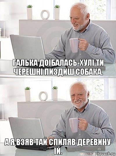 Галька доїбалась-Хулі ти черешні пиздиш собака. А я взяв тай спиляв деревину їй., Комикс   Дед