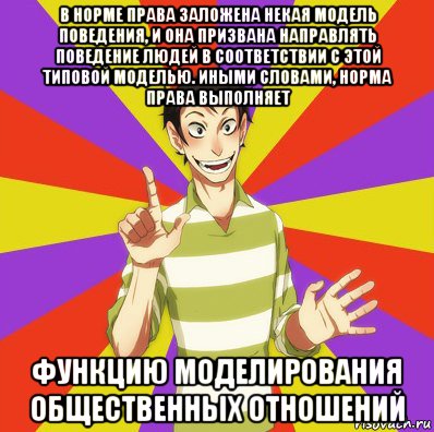 в норме права заложена некая модель поведения, и она призвана направлять поведение людей в соответствии с этой типовой моделью. иными словами, норма права выполняет функцию моделирования общественных отношений, Мем Дон Кихот Соционика