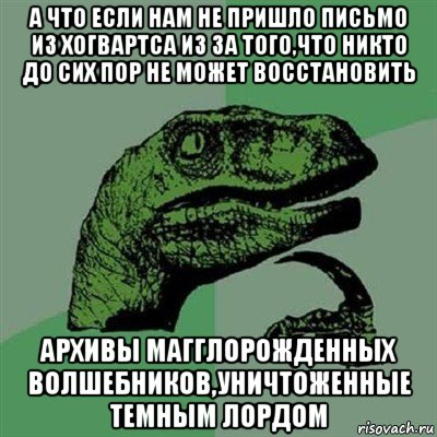 а что если нам не пришло письмо из хогвартса из за того,что никто до сих пор не может восстановить архивы магглорожденных волшебников,уничтоженные темным лордом, Мем Филосораптор