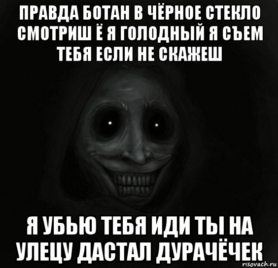 правда ботан в чёрное стекло смотриш ё я голодный я съем тебя если не скажеш я убью тебя иди ты на улецу дастал дурачёчек, Мем Ночной гость