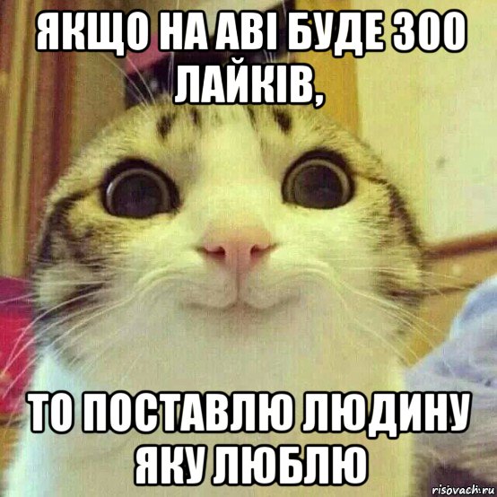 якщо на аві буде 300 лайків, то поставлю людину яку люблю, Мем       Котяка-улыбака