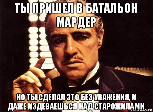 ты пришел в батальон мардер но ты сделал это без уважения, и даже издеваешься над старожилами, Мем крестный отец