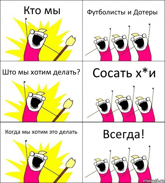 Кто мы Футболисты и Дотеры Што мы хотим делать? Сосать х*и Когда мы хотим это делать Всегда!