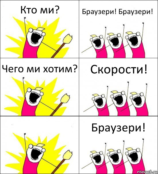 Кто ми? Браузери! Браузери! Чего ми хотим? Скорости!  Браузери!