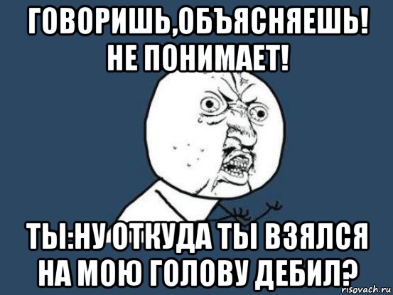 говоришь,объясняешь! не понимает! ты:ну откуда ты взялся на мою голову дебил?, Мем Ну почему