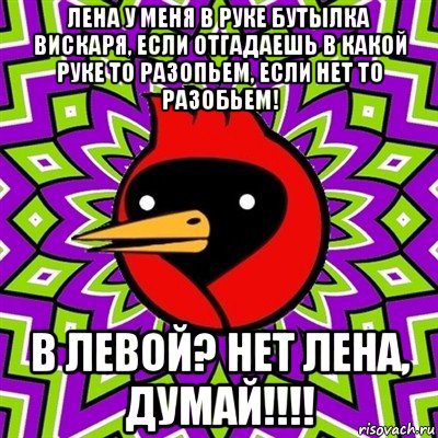 лена у меня в руке бутылка вискаря, если отгадаешь в какой руке то разопьем, если нет то разобьем! в левой? нет лена, думай!!!!, Мем Омская птица