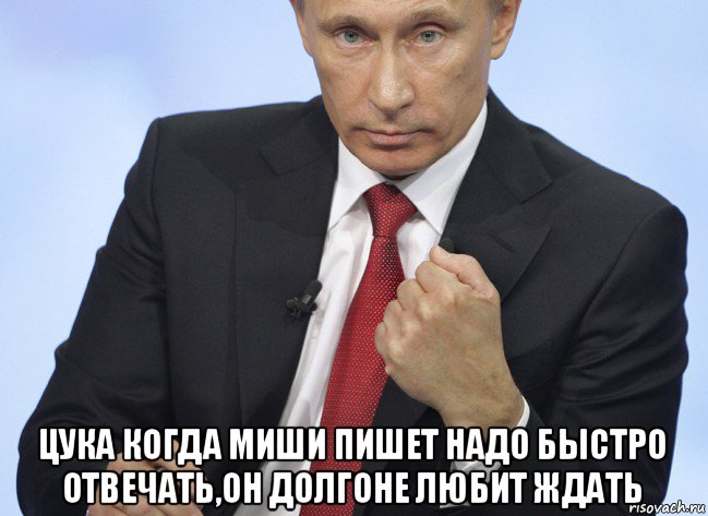  цука когда миши пишет надо быстро отвечать,он долгоне любит ждать, Мем Путин показывает кулак