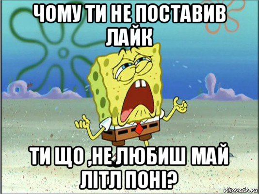 чому ти не поставив лайк ти що ,не любиш май літл поні?, Мем Спанч Боб плачет