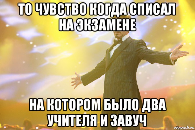 то чувство когда списал на экзамене на котором было два учителя и завуч, Мем Тони Старк (Роберт Дауни младший)