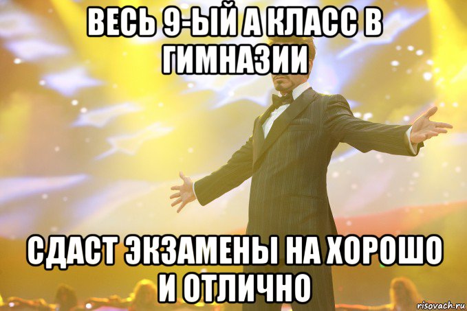 весь 9-ый а класс в гимназии сдаст экзамены на хорошо и отлично, Мем Тони Старк (Роберт Дауни младший)