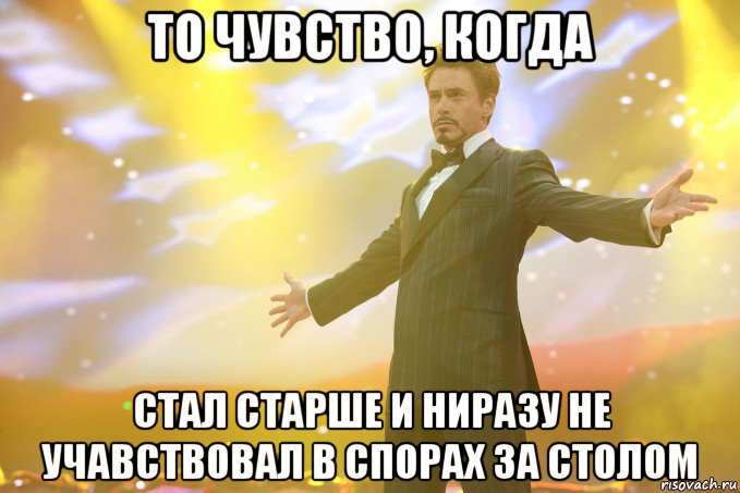 то чувство, когда стал старше и ниразу не учавствовал в спорах за столом, Мем Тони Старк (Роберт Дауни младший)