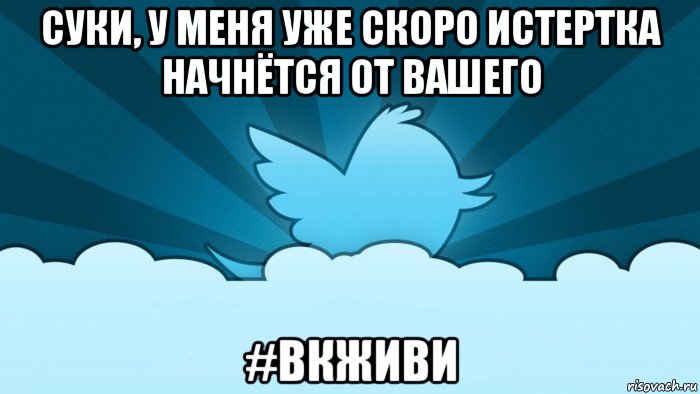 суки, у меня уже скоро истертка начнётся от вашего #вкживи, Мем    твиттер