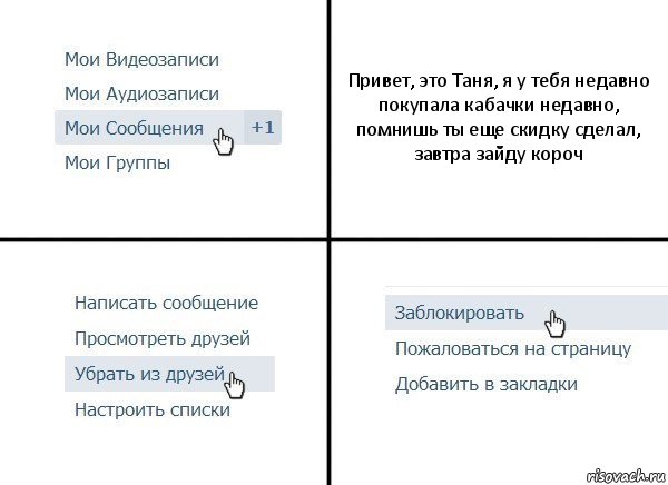 Привет, это Таня, я у тебя недавно покупала кабачки недавно, помнишь ты еще скидку сделал, завтра зайду короч, Комикс  Удалить из друзей