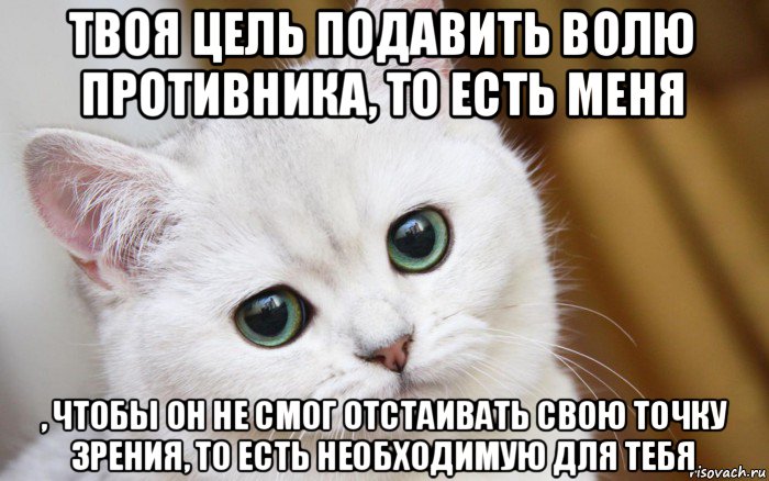 твоя цель подавить волю противника, то есть меня , чтобы он не смог отстаивать свою точку зрения, то есть необходимую для тебя, Мем  В мире грустит один котик