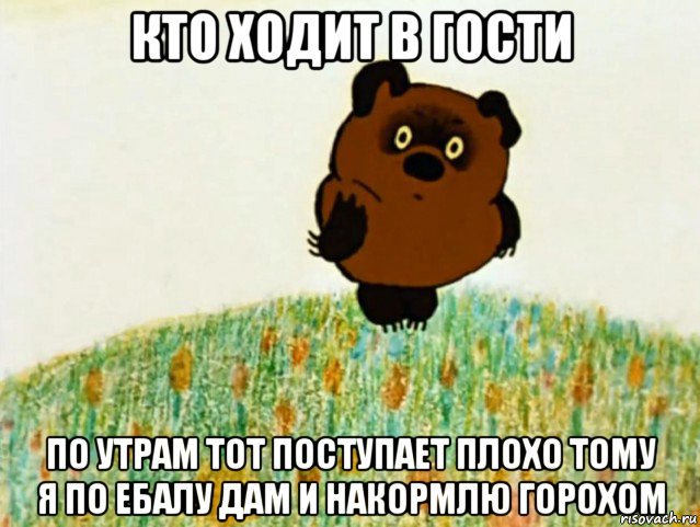 кто ходит в гости по утрам тот поступает плохо тому я по ебалу дам и накормлю горохом, Мем ВИННИ ПУХ