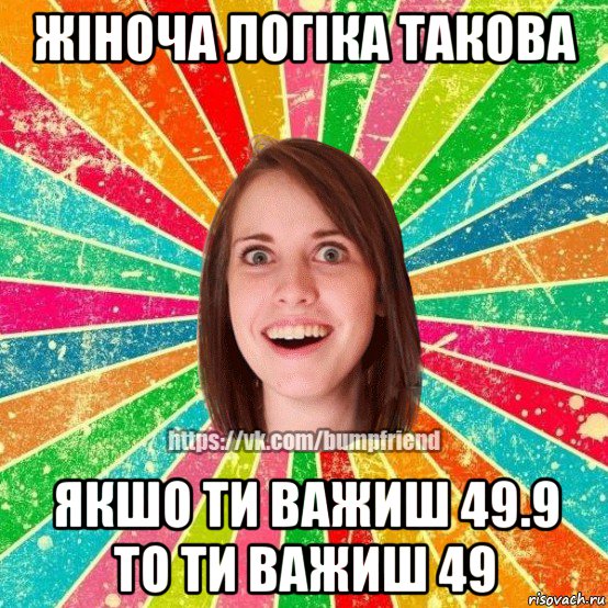 жіноча логіка такова якшо ти важиш 49.9 то ти важиш 49, Мем Йобнута Подруга ЙоП