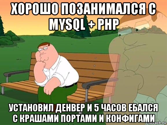 хорошо позанимался с mysql + php установил денвер и 5 часов ебался с крашами портами и конфигами, Мем Задумчивый Гриффин