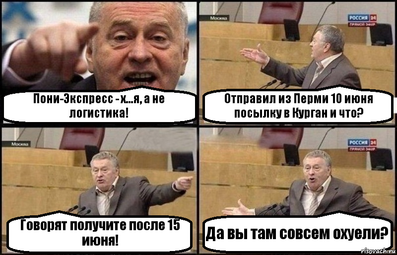 Пони-Экспресс - х...я, а не логистика! Отправил из Перми 10 июня посылку в Курган и что? Говорят получите после 15 июня! Да вы там совсем охуели?, Комикс Жириновский