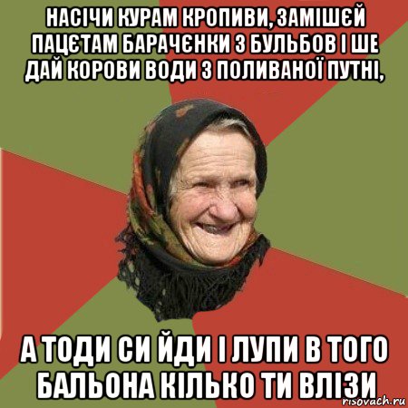 насічи курам кропиви, замішєй пацєтам барачєнки з бульбов і ше дай корови води з поливаної путні, а тоди си йди і лупи в того бальона кілько ти влізи, Мем  Бабушка