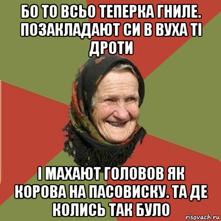 бо то всьо теперка гниле. позакладают си в вуха ті дроти і махают головов як корова на пасовиску. та де колись так було, Мем  Бабушка