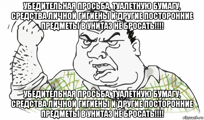 убедительная просьба, туалетную бумагу, средства личной гигиены и другие посторонние предметы в унитаз не бросать!!!! убедительная просьба, туалетную бумагу, средства личной гигиены и другие посторонние предметы в унитаз не бросать!!!!, Мем Будь мужиком