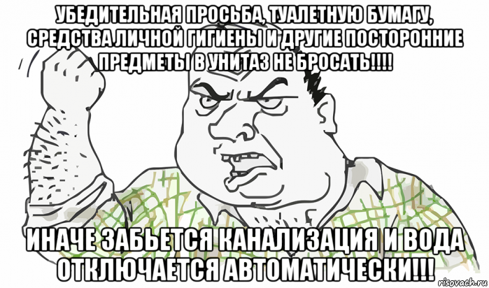 убедительная просьба, туалетную бумагу, средства личной гигиены и другие посторонние предметы в унитаз не бросать!!!! иначе забьется канализация и вода отключается автоматически!!!, Мем Будь мужиком