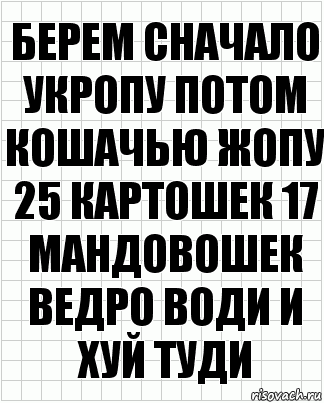 берем сначало укропу потом кошачью жопу 25 картошек 17 мандовошек ведро води и хуй туди, Комикс  бумага