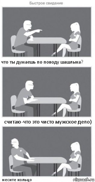 что ты думаешь по поводу шашлыка? считаю-что это чисто мужское дело) несите кольцо, Комикс Быстрое свидание