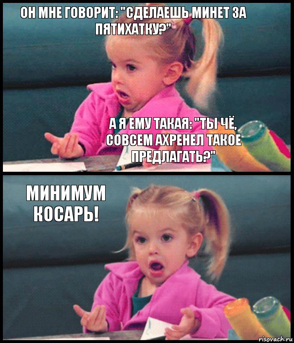 Он мне говорит: "Сделаешь минет за пятихатку?" А я ему такая: "Ты чё, совсем ахренел такое предлагать?" Минимум косарь! , Комикс  Возмущающаяся девочка