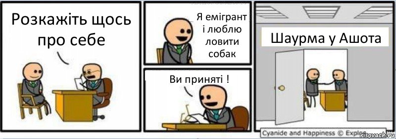 Розкажіть щось про себе Я емігрант і люблю ловити собак Ви приняті ! Шаурма у Ашота