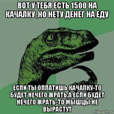 вот у тебя есть 1500 на качалку ,но нету денег на еду если ты оплатишь качалку-то будет нечего жрать,а если будет нечего жрать-то мышцы не вырастут, Мем Филосораптор