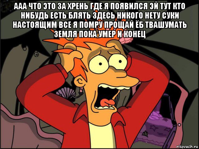 ааа что это за хрень где я появился эй тут кто нибудь есть блять здесь никого нету суки настоящим все я помру прощай ёб твашумать земля пока умер и конец , Мем Фрай в панике