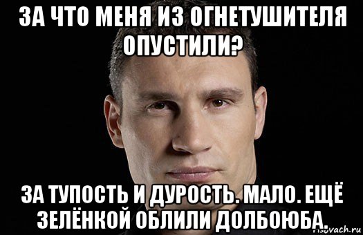 за что меня из огнетушителя опустили? за тупость и дурость. мало. ещё зелёнкой облили долбоюба., Мем Кличко